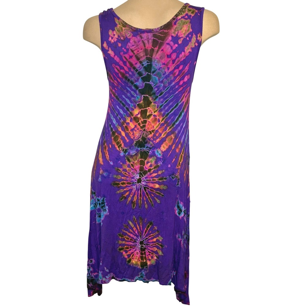 Flashback Tie Dye Sleeveless Dress Handkerchief Hem Boho Hippie Festival Purple - Picture 2 of 7